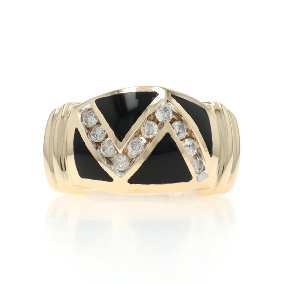 Yellow Gold Onyx Diamond Band - 14k .40ctw Zig-Zag Ring SZ 6 3/4 - Picture 1 of 7